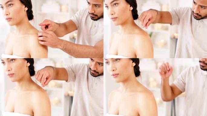 针灸，妇女和亚洲医生在豪华水疗中心的治疗，健康和平静的诊所。医疗保健，物理治疗或物理治疗肩部针刺，颈