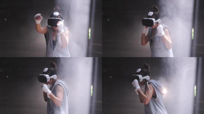 亚洲运动女运动员运动训练训练拳击与虚拟现实玻璃在废弃的黑暗健身房
