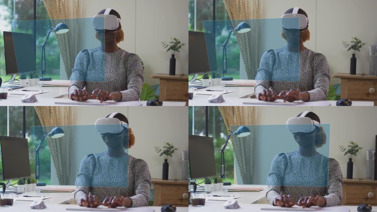 女人看着投影屏幕坐在桌子上戴着VR耳机在键盘上打字