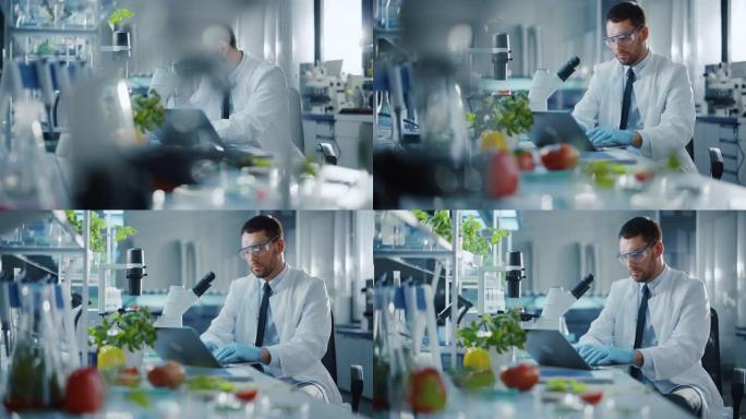 男性科学家在笔记本电脑上工作，并通过显微镜分析实验室种植的番茄。微生物学家使用技术设备在现代实验室中