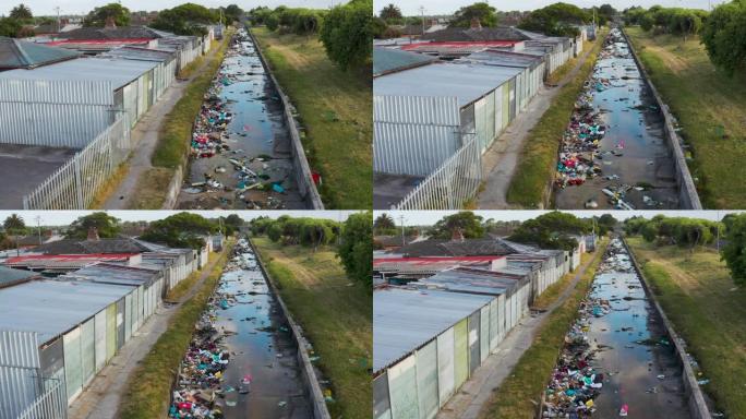 水污染。特写空中缩小了污染水道的可怕塑料污染，南非