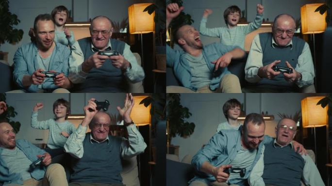 家庭交往时间。快乐兴奋的父亲、十几岁的儿子和高级祖父在家里玩游戏机玩得很开心。