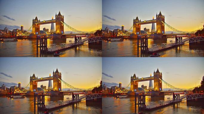 塔桥。伦敦日落双子大桥欧式建筑金光色环境