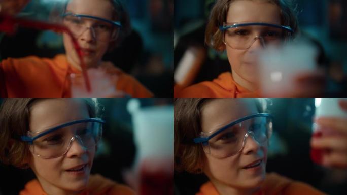 戴着安全护目镜的聪明小男孩在家里的烧杯中混合化学物质。青少年进行教育科学爱好实验，在他的房间里做有趣