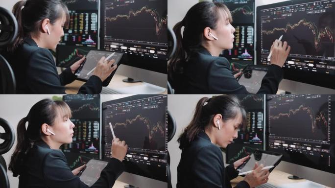 女商人投资者正在办公室的数字平板电脑上交易股票