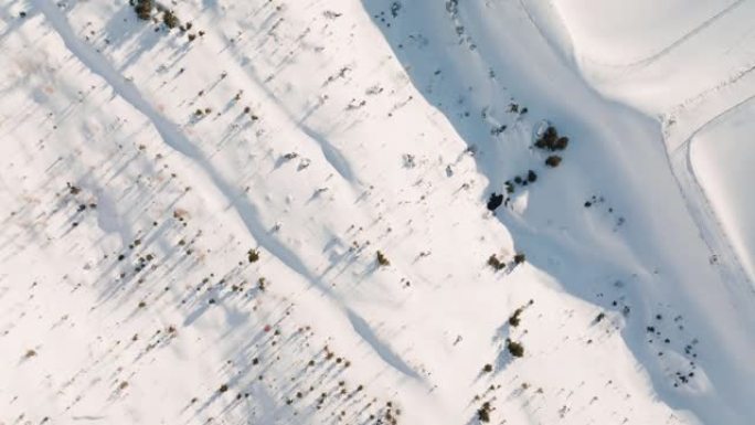 冬季仙境俯视图，无人驾驶飞机飞过白色冬季滑雪胜地小屋村的建筑物，所有建筑物都被深雪覆盖。