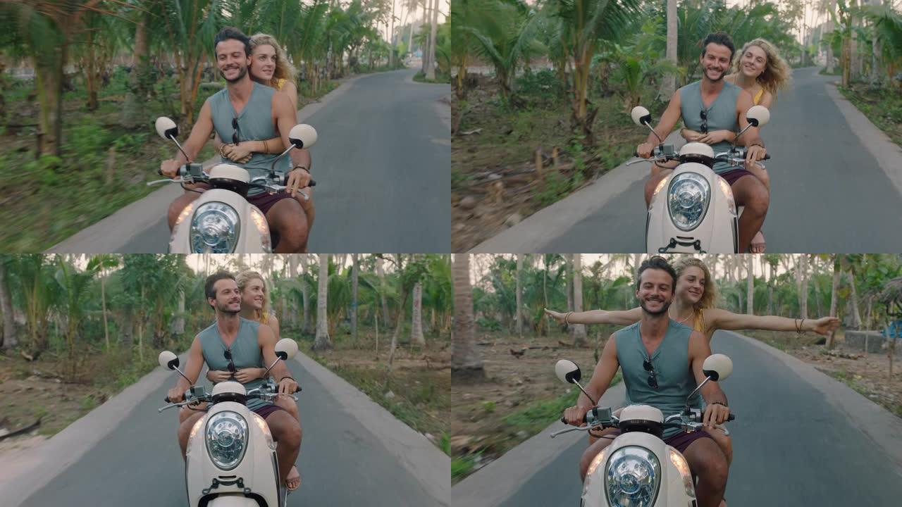 旅行夫妇骑摩托车在热带岛屿享受浪漫的旅程探索美丽的旅行目的地摩托车冒险