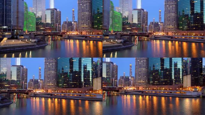 在黄昏日落之夜，平移拍摄了芝加哥天际线摩天大楼。商业与现代建筑概念