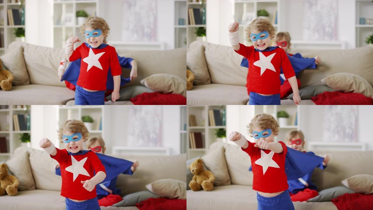 小男孩像超级英雄一样模仿苍蝇