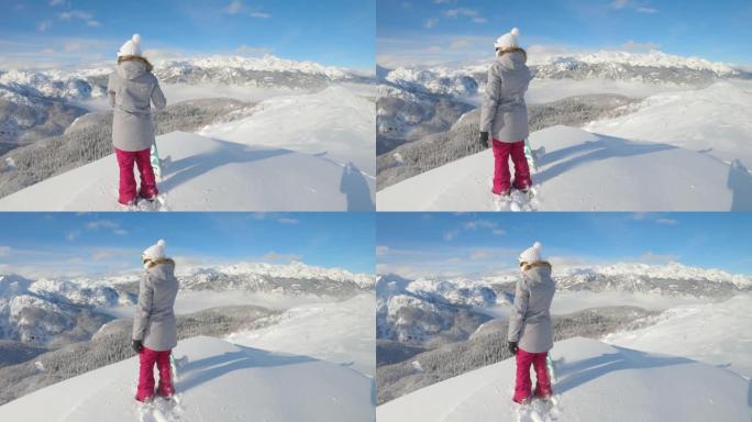 复制空间: 年轻的女性滑雪者从山顶观看冬季景观