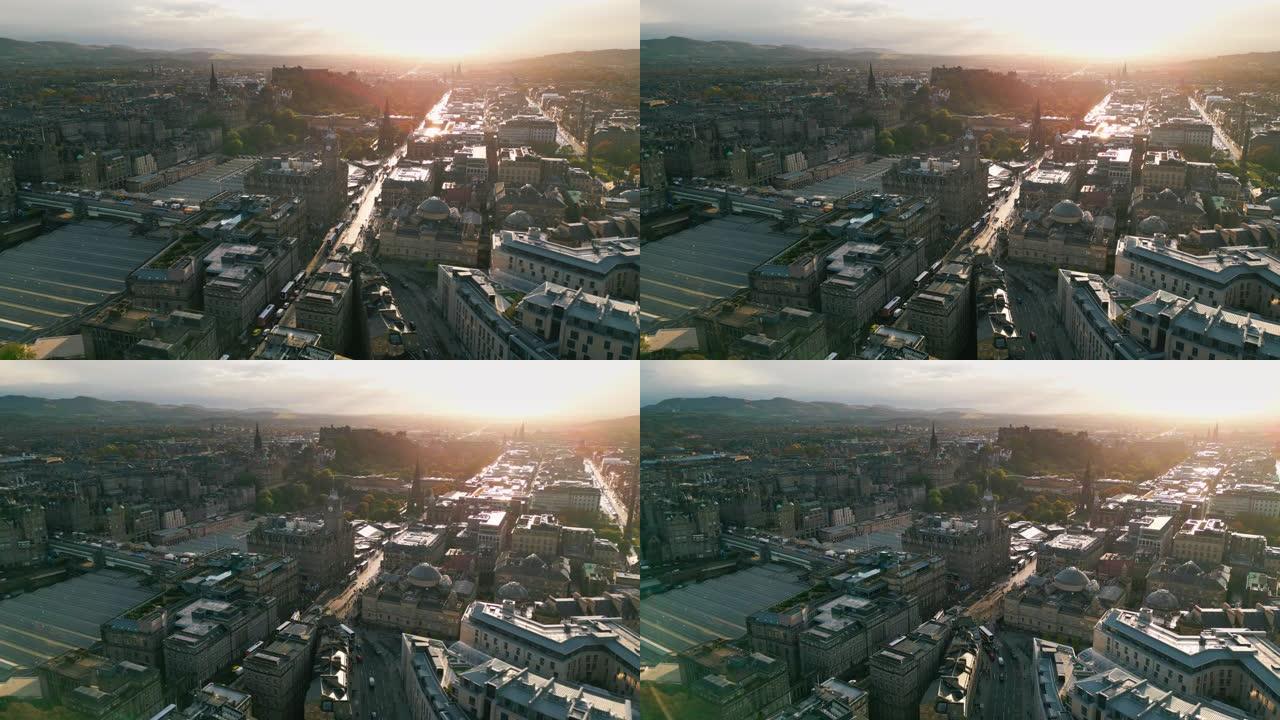 鸟瞰图公主街上方的实时镜头，可以看到爱丁堡斯科特纪念碑和新城的韦弗利车站
