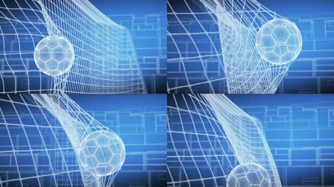 足球飞入球门网慢动作网格网格抽象足球美丽的3d动画。目标矩几何图案的蓝图样式。运动技术概念