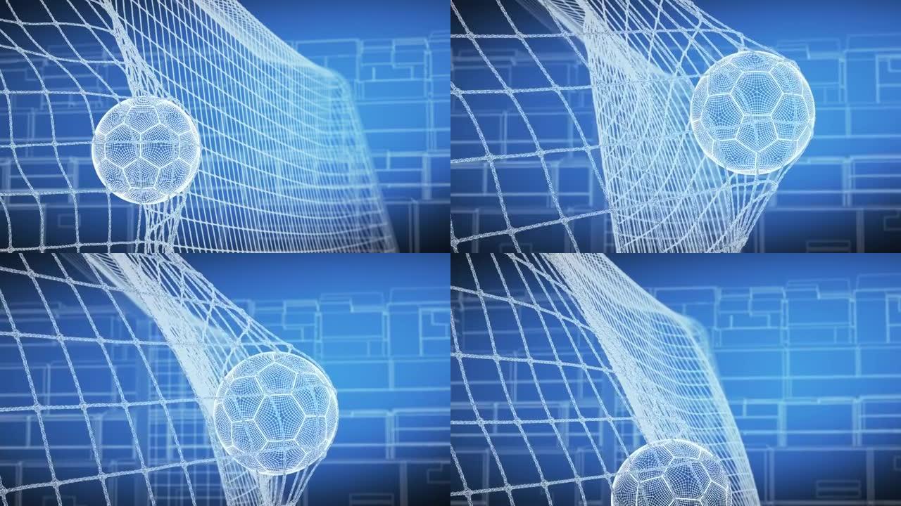 足球飞入球门网慢动作网格网格抽象足球美丽的3d动画。目标矩几何图案的蓝图样式。运动技术概念