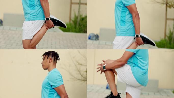 男子伸展双腿，健身和户外跑步，准备跑步和锻炼，身体锻炼和训练。波多黎各的运动员，运动和跑步者，有氧运