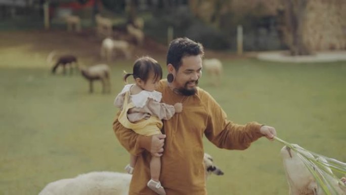 父亲抱着他的小女儿，给她吃羊肉。