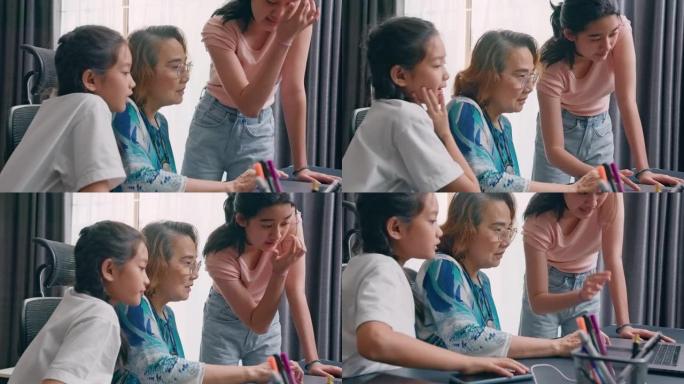 祖母在笔记本电脑上使用视频通话进行学习，由两个孙女在家中进行教学