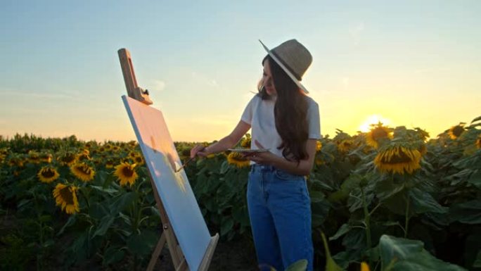 慢镜头年轻艺术家在田野中间画向日葵
