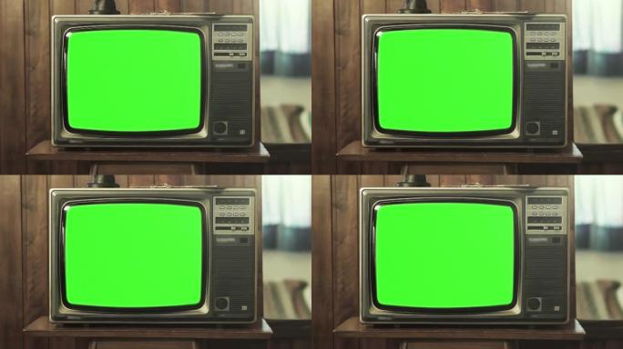 绿屏背景的老式电视机。放大。4K。