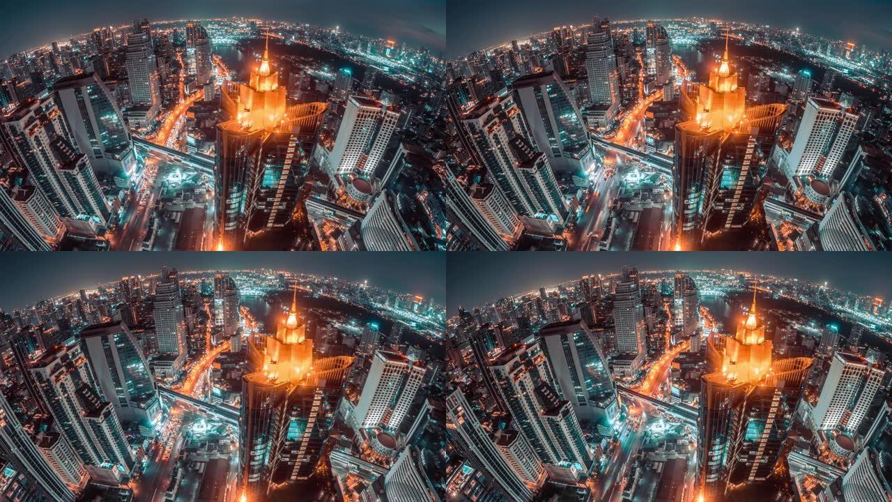 曼谷市金融商务区交通空中观景城市的夜间延时，网络连接和创新技术概念
