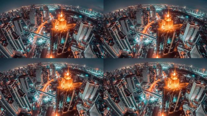 曼谷市金融商务区交通空中观景城市的夜间延时，网络连接和创新技术概念