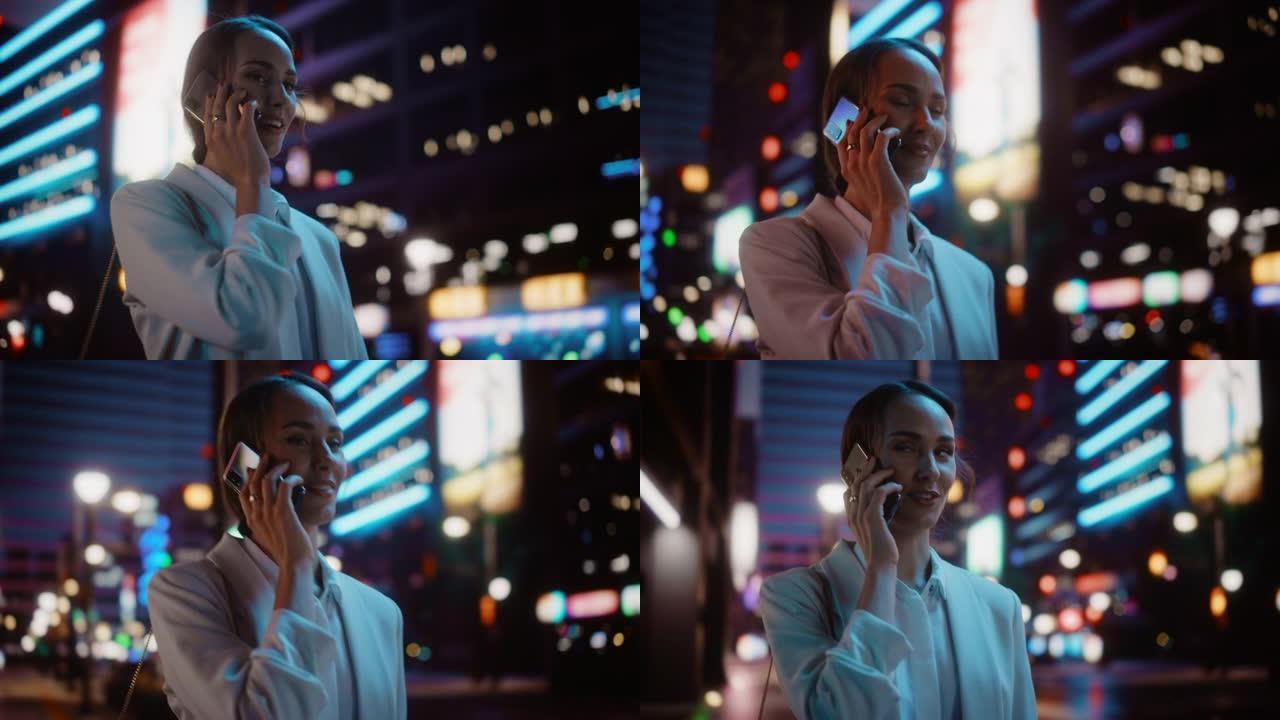 美丽的年轻女子在智能手机上聊天，穿过充满霓虹灯的夜晚城市街道。使用手机的华丽微笑女性肖像。低角度倾斜