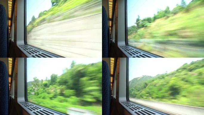 穿越隧道的火车火车行驶窗外风景沿途风光视