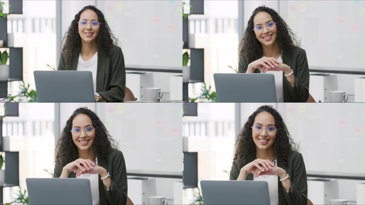 一个有吸引力的年轻女商人独自坐在她的办公室里用她的笔记本电脑的4k视频片段