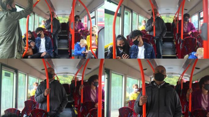 戴上口罩!公交车乘客公交旅客班车内部