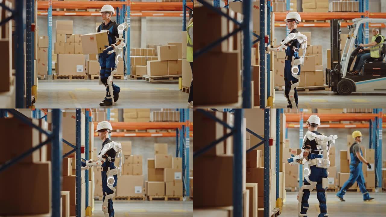 高科技未来派仓库: 工人穿着先进的全身动力外骨骼，带着沉重的纸箱行走。Exosuit增强了人类的表现