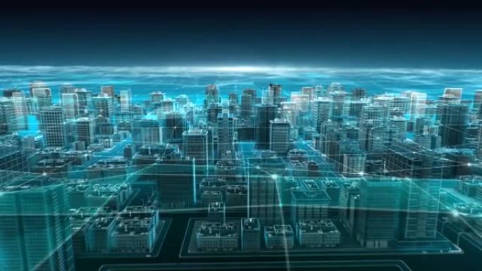 智能城市上的智能传感器图标，连接未来网络，物联网技术。蓝色x射线鸟瞰图。4k动画。