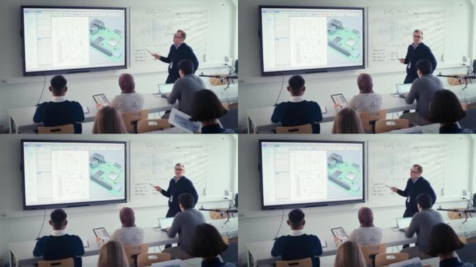 男老师在课堂上向学生解释大学的计算机主板组件。他使用投影屏幕。电路板概念的3D建模。高角度视图