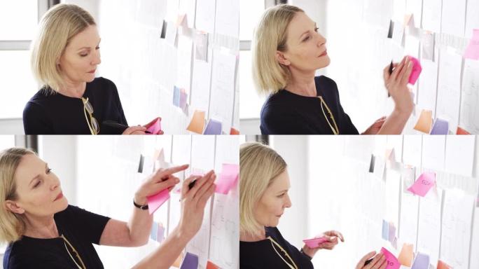 成熟的女性企业主在时尚商业的设计和色板上贴上不干胶纸条 -- 慢动作拍摄