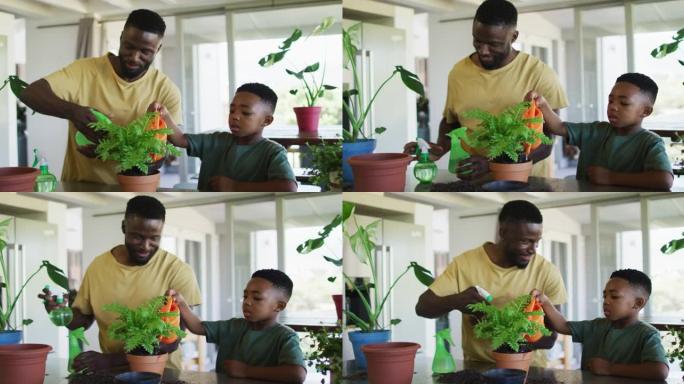 非裔美国人父子在家一起浇花花盆
