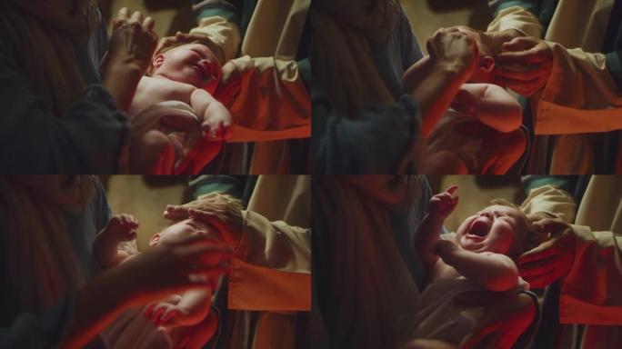 玛丽和约瑟夫安慰哭泣的婴儿耶稣
