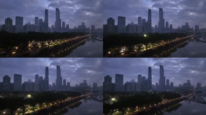 航拍广州cbd清晨平流雾