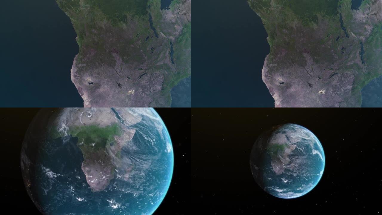 安哥拉地图，通过4K照片真实动画地球仪放大到太空中，包括非洲、西亚和欧洲的全景。史诗旋转世界动画，现