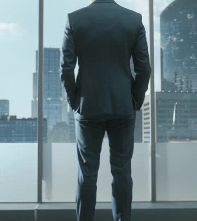垂直屏幕: 自信的年轻商人穿着量身定制的西装，站在现代办公室里，看着窗外的摩天大楼。成功的财务经理计