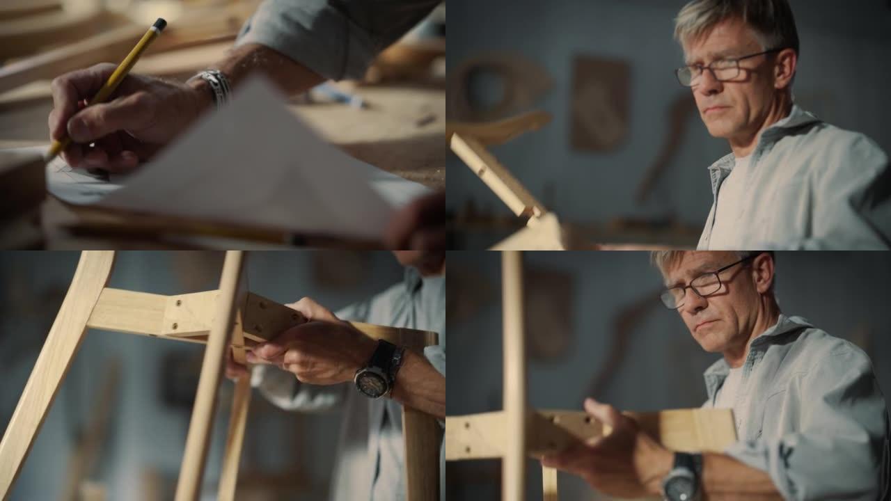 一个木匠戴上眼镜，看着蓝图并开始组装木椅的特写镜头。专业家具设计师在阁楼空间的工作室工作，墙壁上有工
