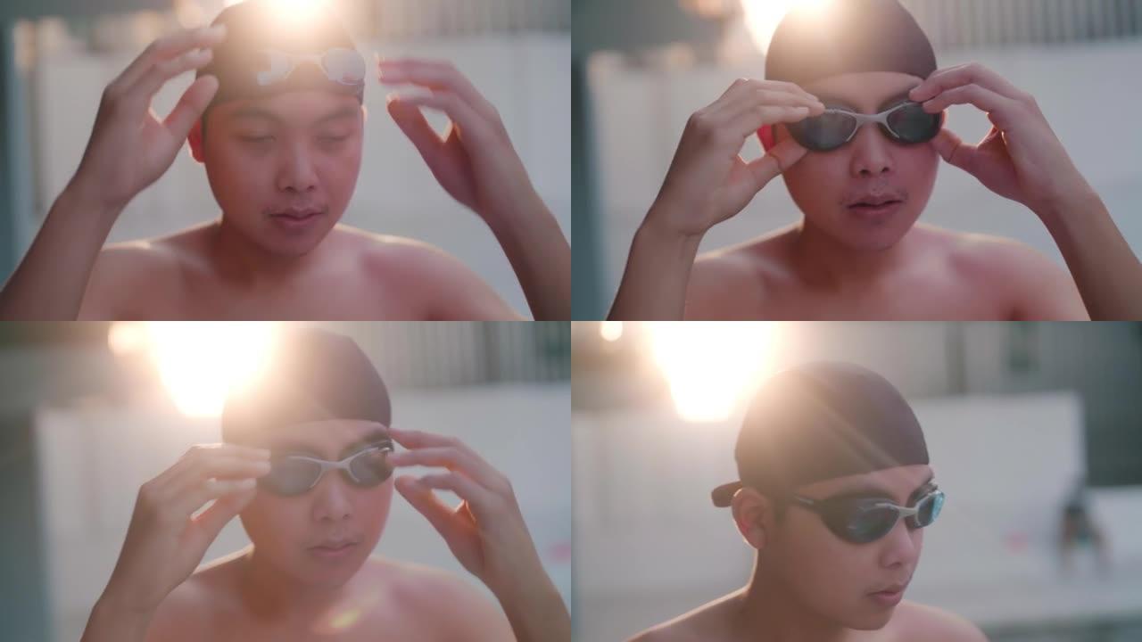 亚洲男子在假期练习游泳