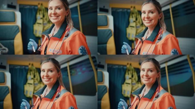 冷静快乐的女性EMS专业护理人员在救护车上对着镜头微笑。成功的紧急医疗技术人员在去医院外面打电话的路