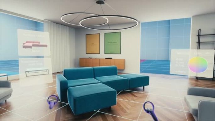 用于创建客厅空间的虚拟现实室内设计软件的数字用户界面。交互式模拟器应用程序，用于构建家具，移动电器，