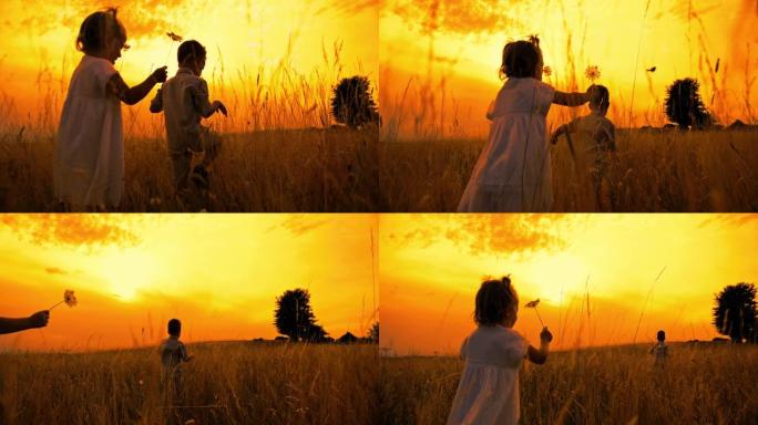 跟踪两个金发碧眼的小孩在草地上奔向日落的慢动作镜头