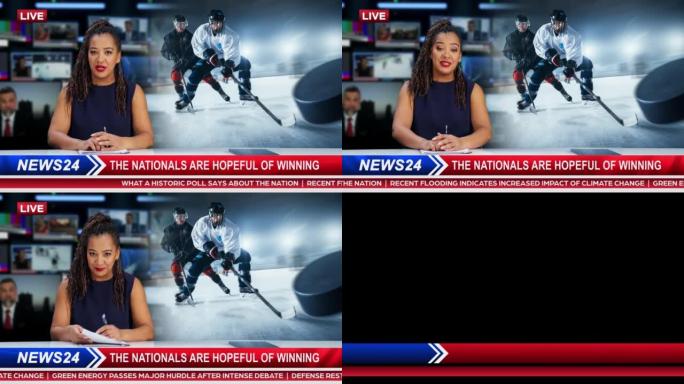 分屏电视新闻现场报道: 女主播谈话。报告文学蒙太奇: 海报出现在锦标赛上的冰球运动员的照片。电视节目