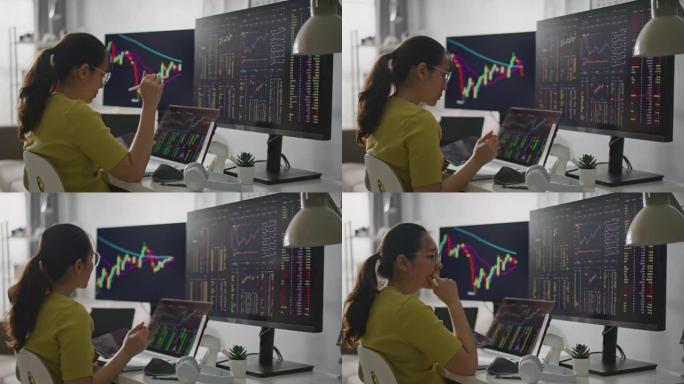 亚洲女性在家中在线交易股票时在计算机显示器上分析图表
