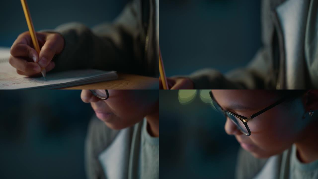 一个戴着眼镜的年轻少女用笔记本用铅笔书写的真实特写镜头。青少年为学校做作业。教育理念。