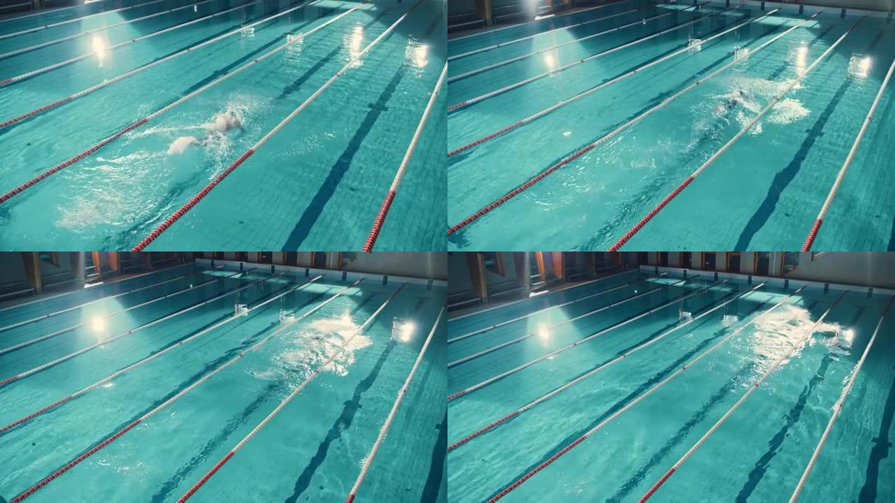 空中俯视图男游泳者在游泳池中，以创纪录的速度跑圈。专业运动员训练比赛，赢得蝶式世界冠军。电影宽固定镜