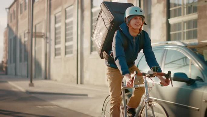 快乐的食品配送快递员穿着保暖背包骑着自行车在路上为客户和客户交付订单。现代市区的晴天。慢动作正面拍摄