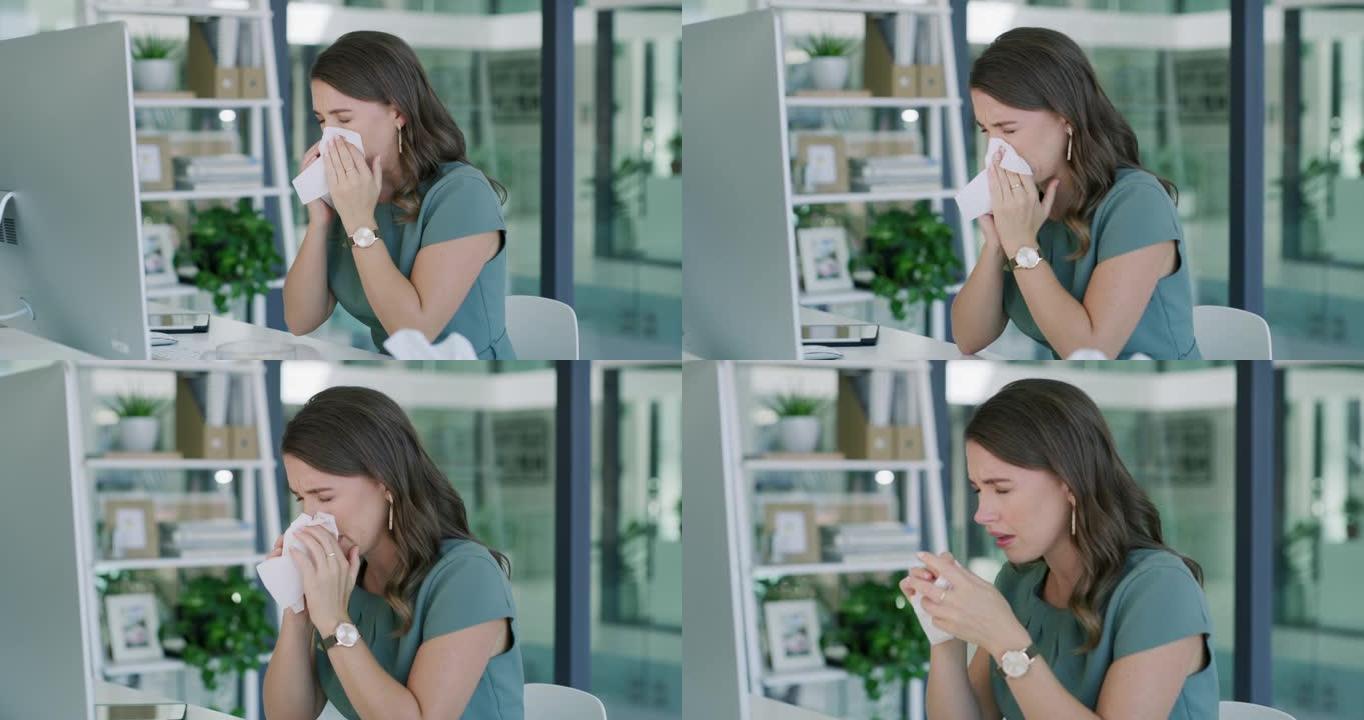 4k视频片段，一名年轻的女商人在现代办公室中使用计算机时用鼻子吹鼻子
