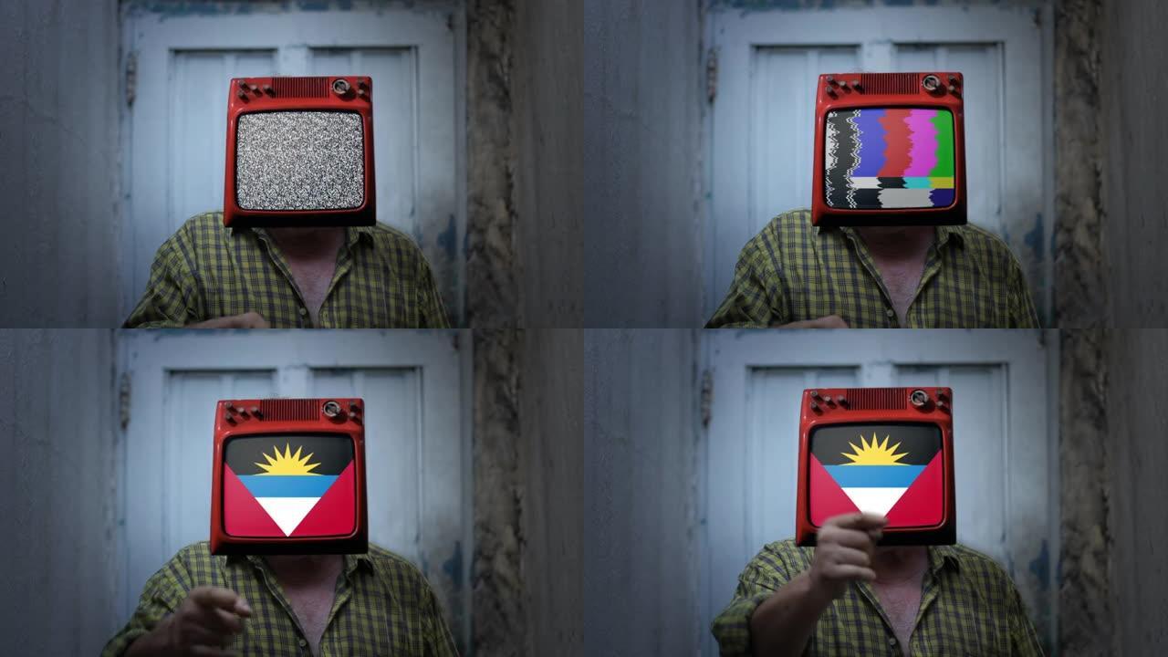 屏幕上挂着安提瓜和巴布达旗帜的电视男子。