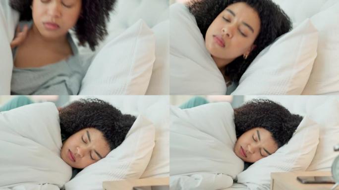 卧室床上的黑人妇女有失眠问题或患有打架和不眠之夜。年轻，悲伤和情感冲突的非洲女孩与欺骗的男朋友关系夫